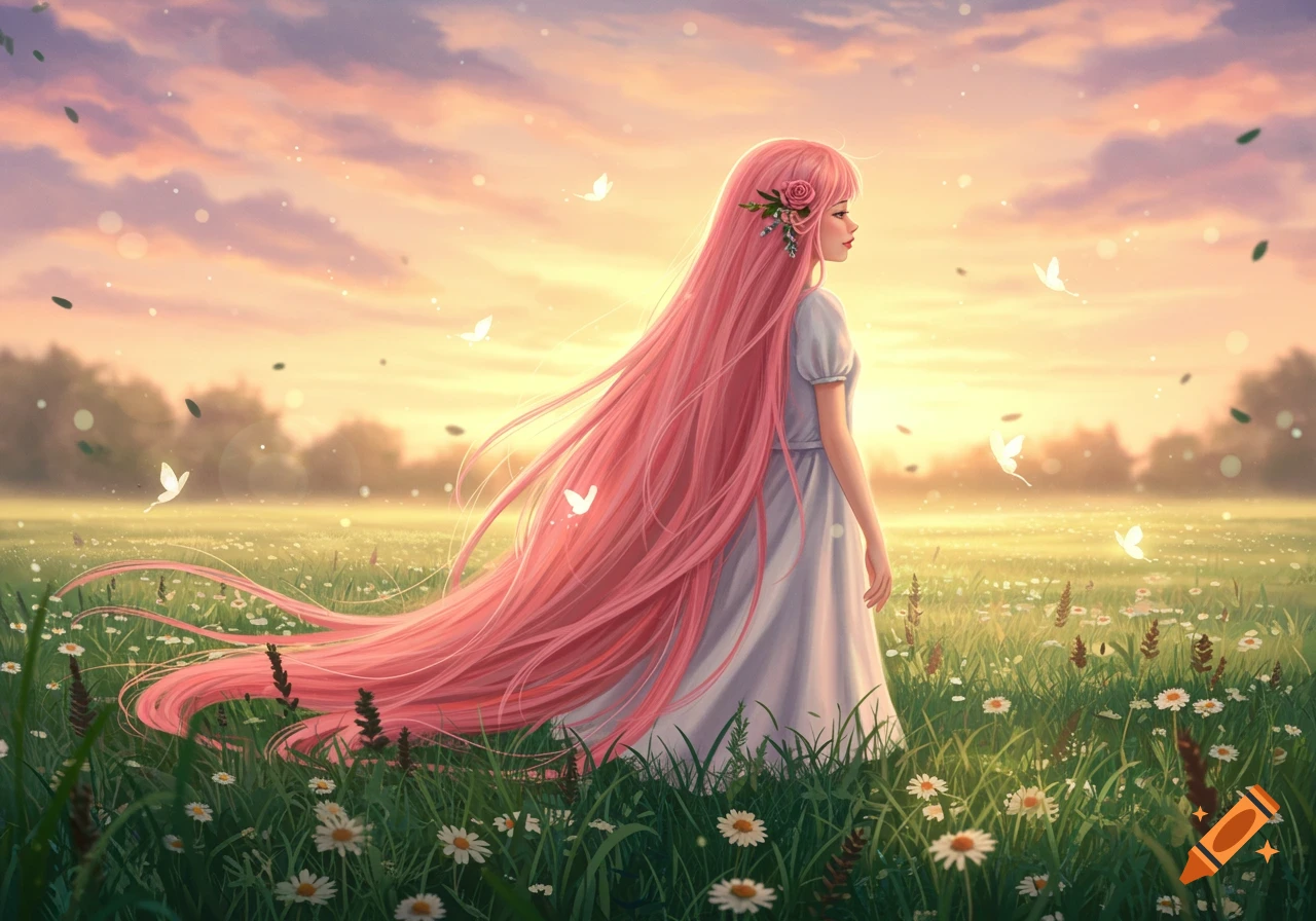 Anime-style girl with long flowing pink hair and flowers in her hair, standing in a field of daisies at sunset.
