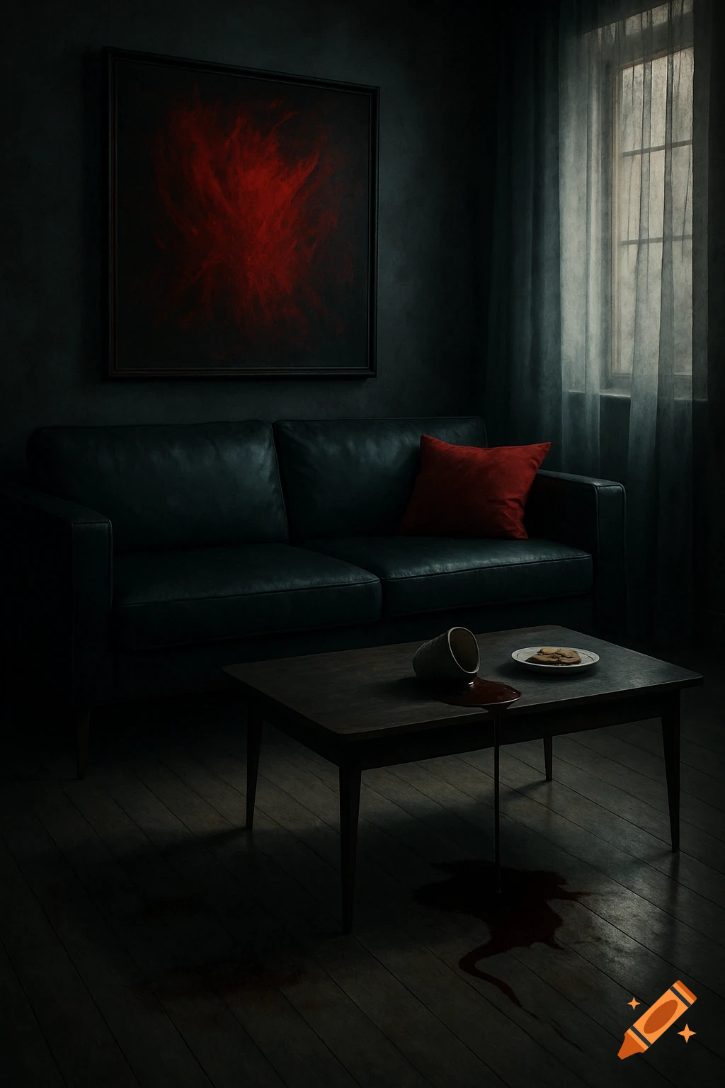 A dark, moody, minimalist living room with a black leather couch, a red abstract painting, and a spilled cup on a coffee table next to cookies.