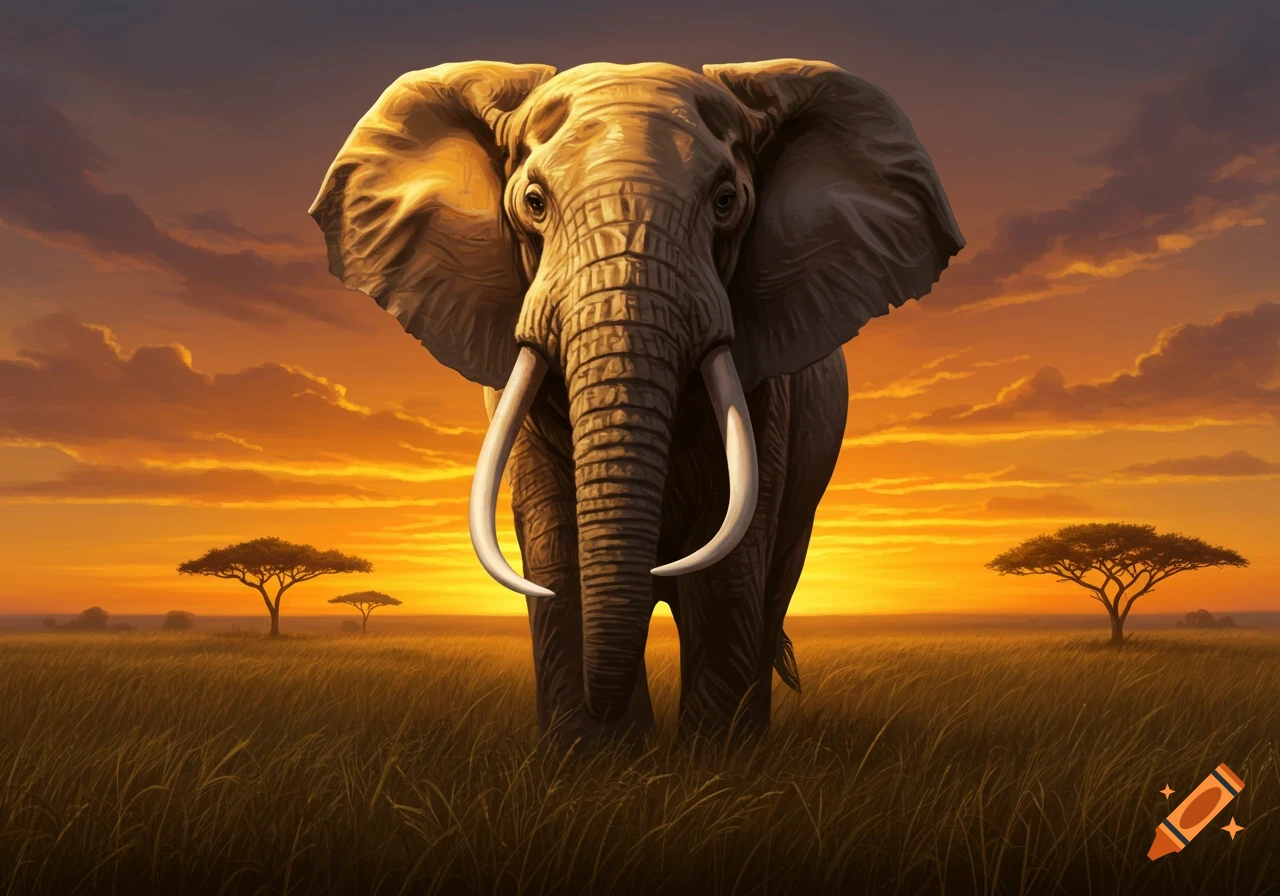 A large elephant stands front and center in a grassy savanna, illuminated by the golden light of a sunset, with acacia trees.