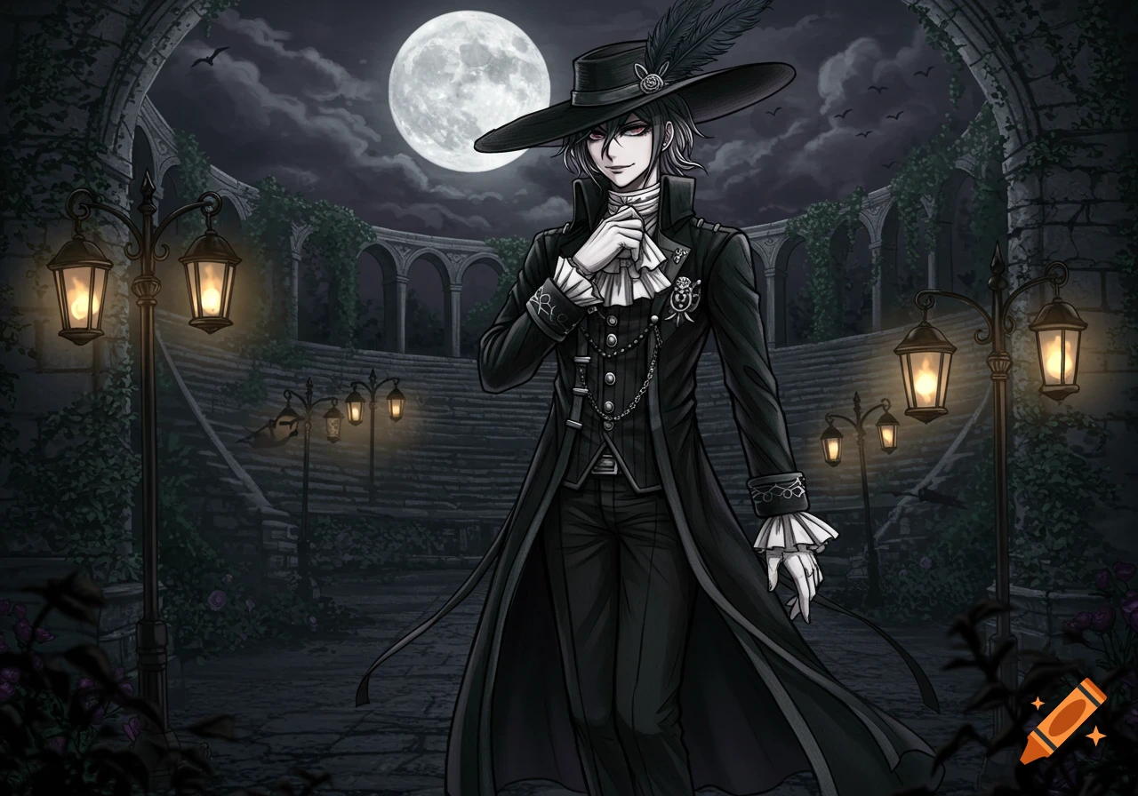 Anime-style man in black gothic attire with a wide-brimmed hat stands under a full moon in a ruined stone garden.