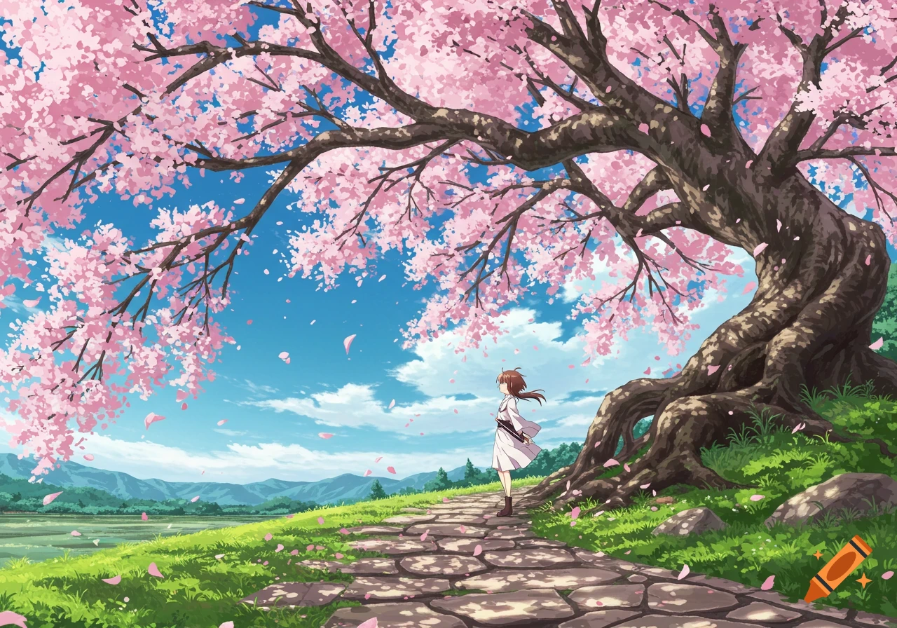 An anime girl stands on a stone path under a large, blooming cherry blossom tree with falling petals, beside a river and distant mountains.