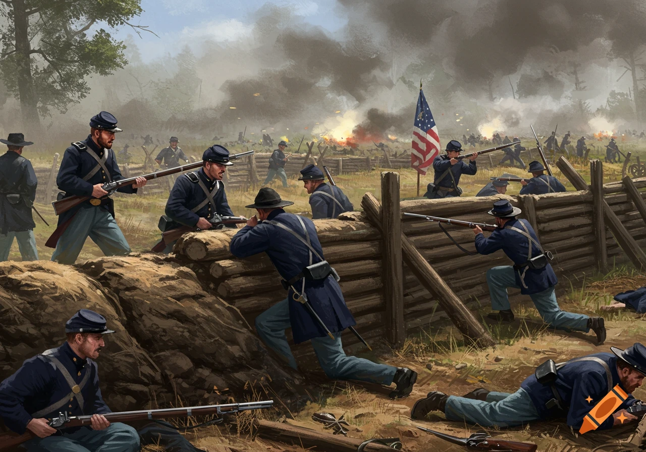 Union soldiers in blue uniforms fight from behind a log defilade during a Civil War battle, with smoke and fire in the background.