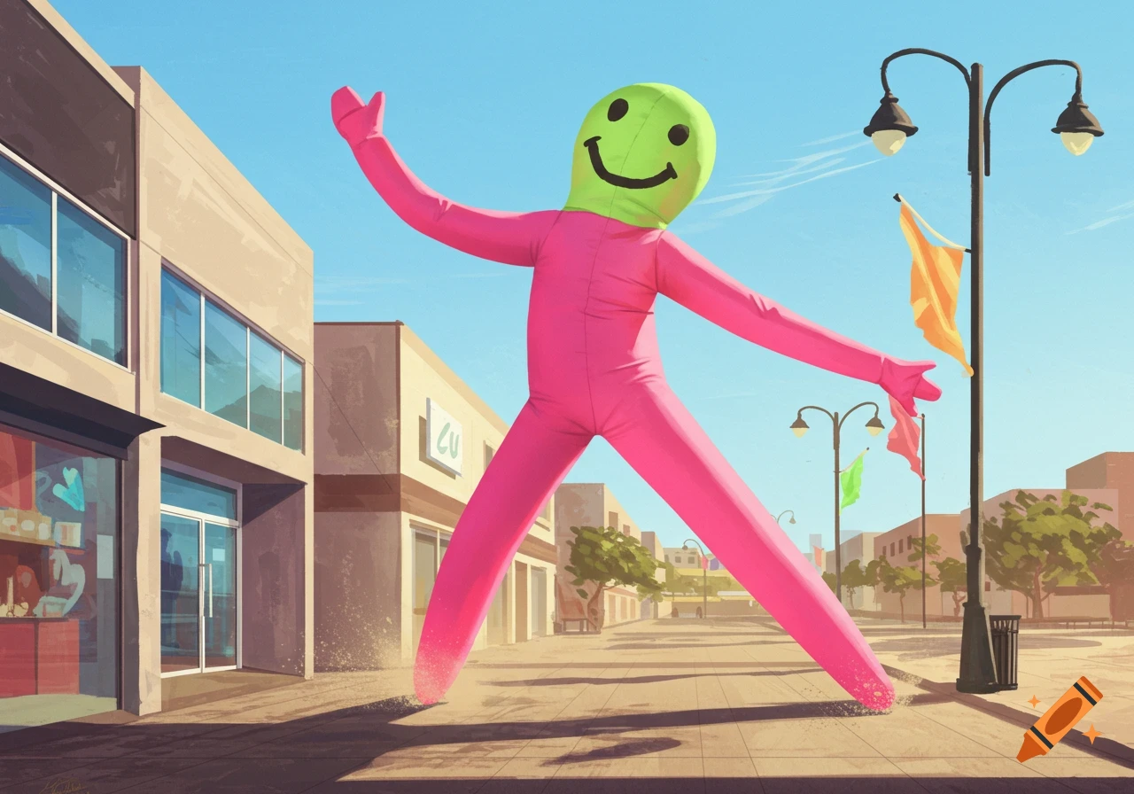 A giant pink inflatable air dancer with a green smiley face head stands on a sunny city street, illustration style.