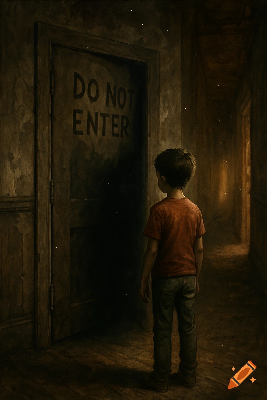 Young boy in a red shirt stands in a dark hallway, looking at a door marked "DO NOT ENTER". Moody, painterly illustration.