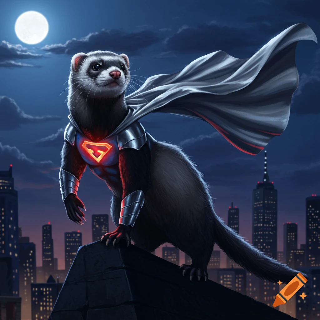 A majestic superhero ferret with a flowing cape and glowing chest emblem stands atop a city skyscraper at night, with a full moon in the sky, in a detailed digital painting.