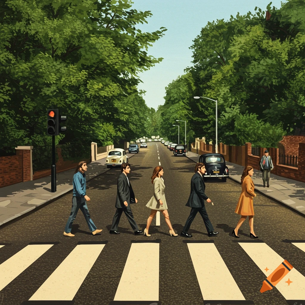 Four people in clothing cross a zebra crossing on a tree-lined street with cars, in a stylized illustration reminiscent of Abbey Road.