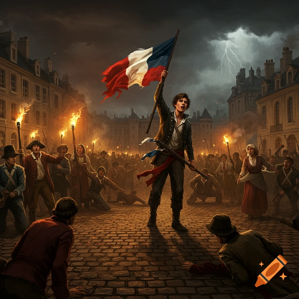 A man waves a French flag, holding a rifle, leading a torch-lit crowd on a cobblestone street under a stormy, lightning sky.