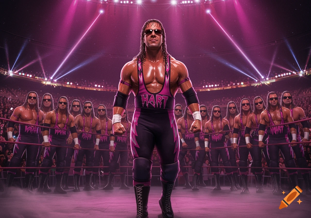 Bret Hart stands in a wrestling ring, surrounded by many identical versions of himself, under bright pink spotlights in an arena.