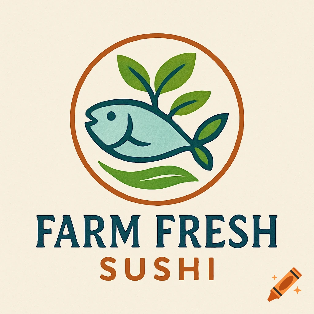 A clean logo for Farm Fresh Sushi, featuring a light blue fish and green leaves inside a brown circle.