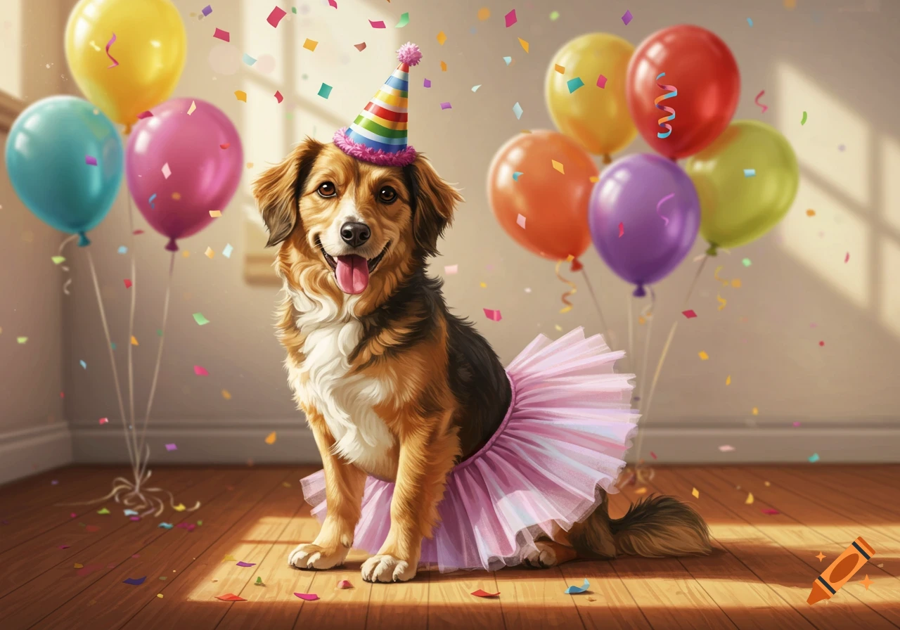 A smiling dog in a colorful birthday hat and pink tutu sits on a wooden floor with balloons and confetti.