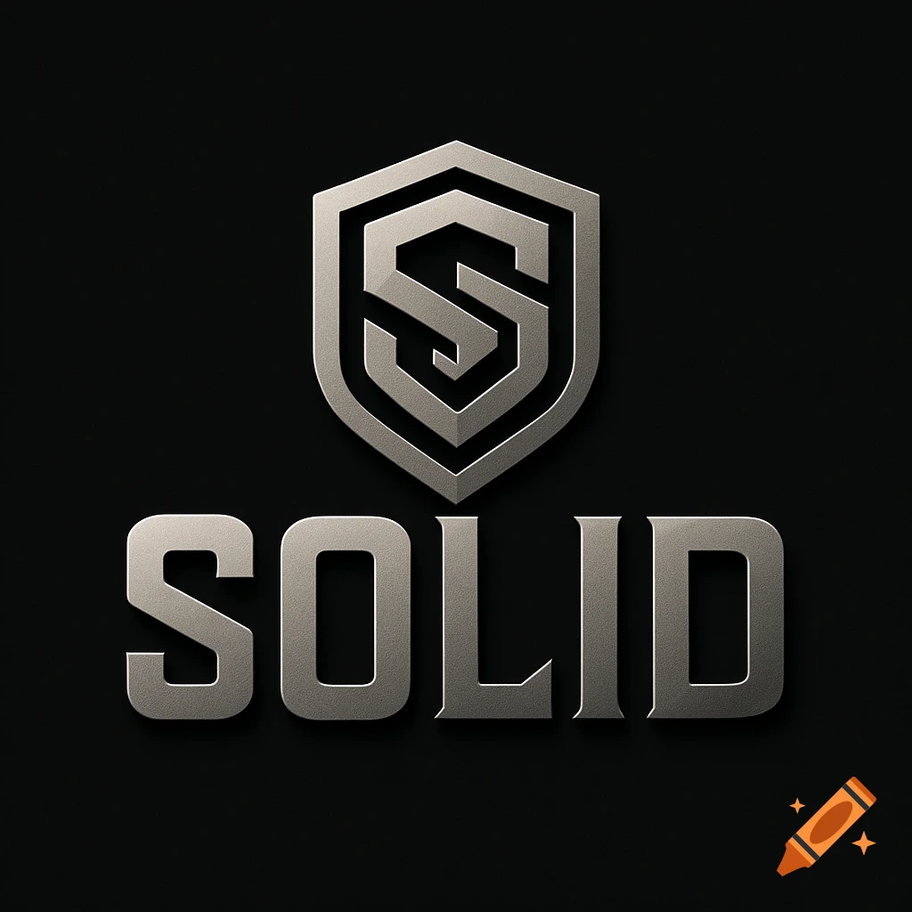 Metallic silver shield logo with a stylized 'S' above the bold word 'SOLID' on a dark background.