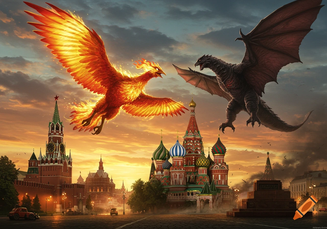 A fiery phoenix and a dark dragon battle above Moscow's iconic buildings at sunset, in an epic fantasy style.