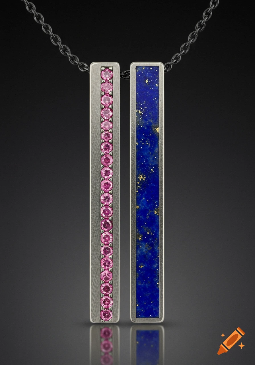 A necklace with two rectangular pendants, one with pink sapphires and one with lapis lazuli and gold flecks, on a dark chain.