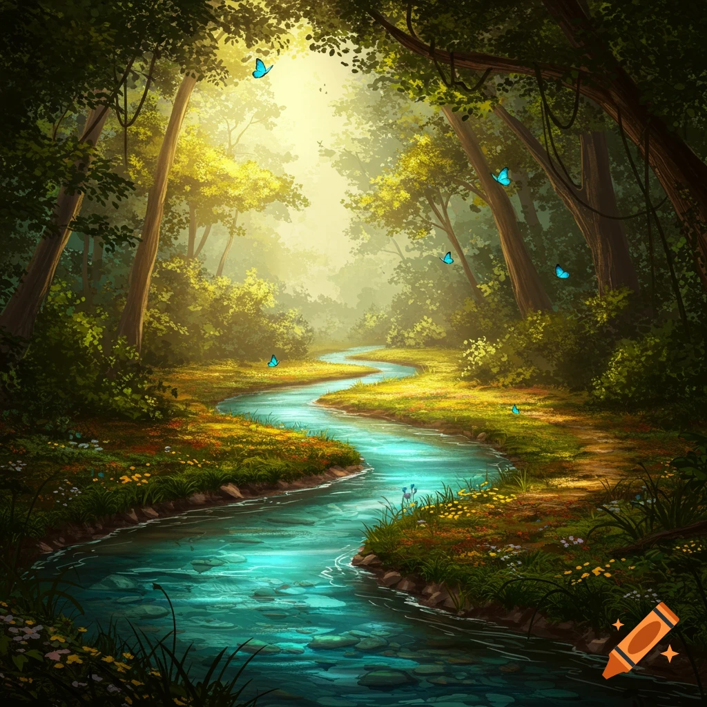 Vibrant artistic painting of a winding river flowing through a sunlit, lush green forest with flowers and blue butterflies.