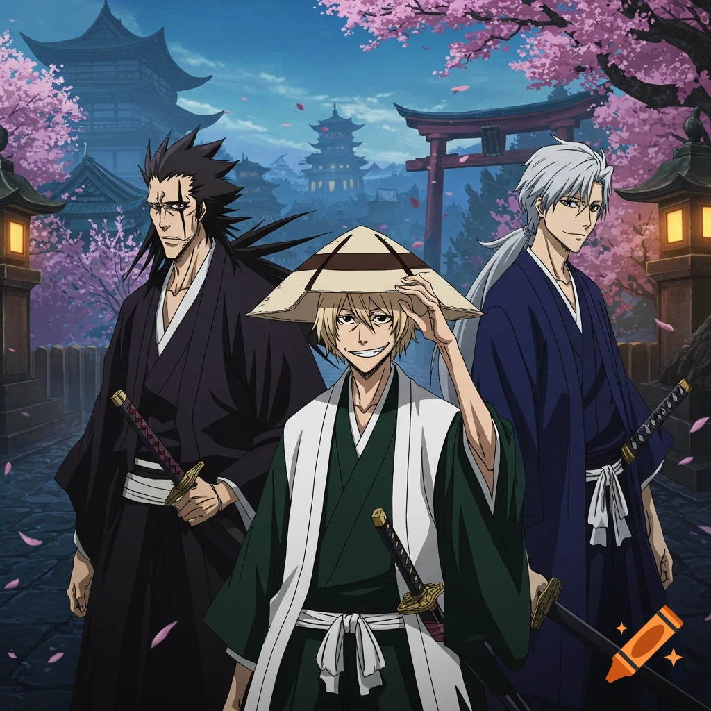 Anime illustration of three male characters in traditional Japanese kimonos holding swords, set against temples and cherry blossoms at dusk.