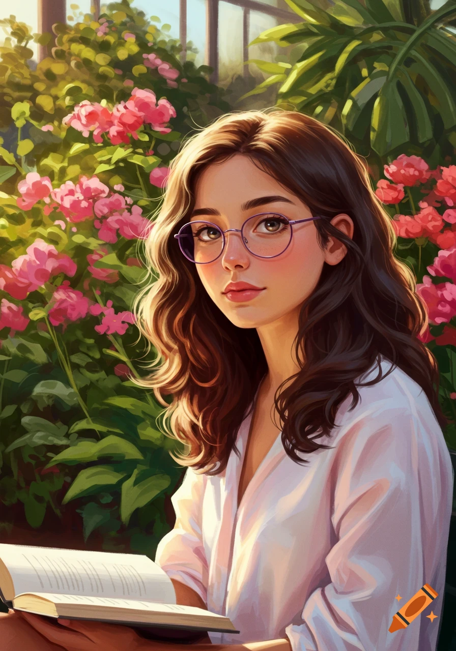 An illustrated portrait of a young woman with long brown hair and glasses, sitting in a sunny garden with pink flowers, holding an open book.