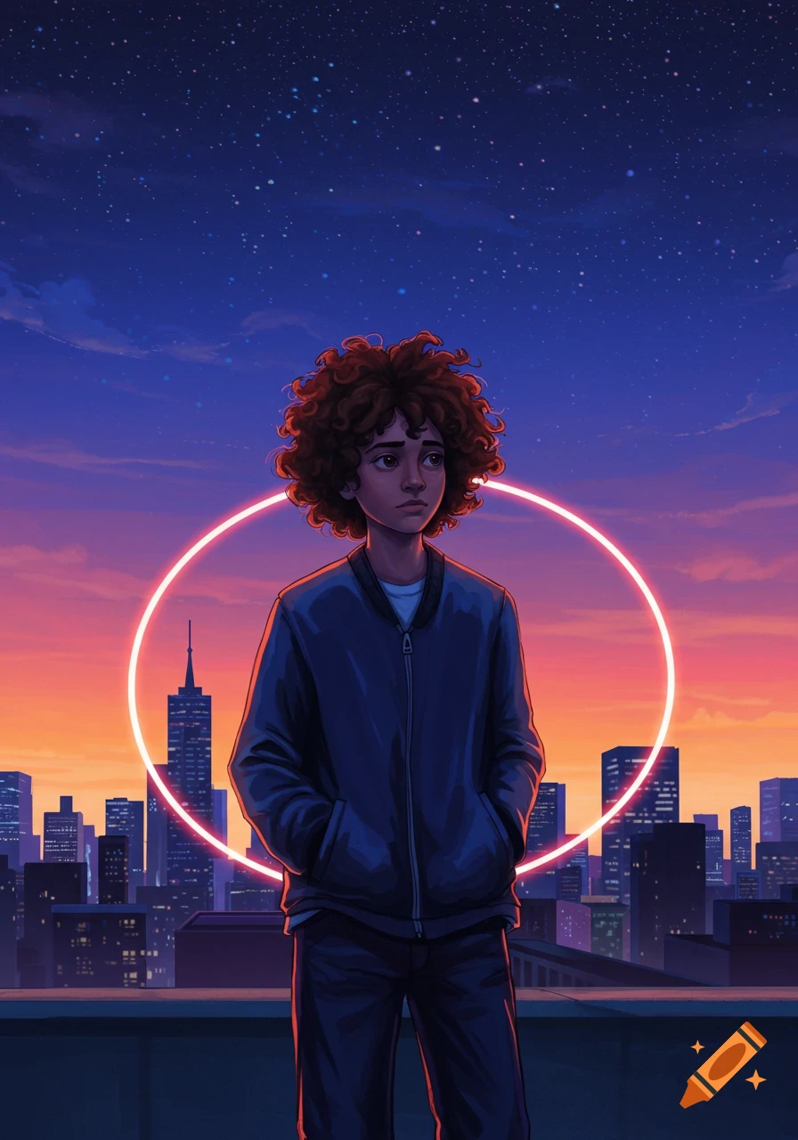 Illustration of a boy on a rooftop, watching a glowing city skyline at sunset under a starry sky, with a neon circle.