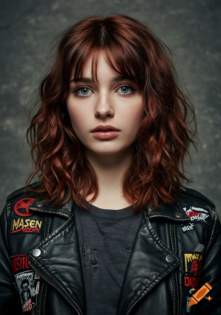 Photorealistic portrait of a grunge-style woman with red hair and bangs, wearing a black leather jacket with patches.