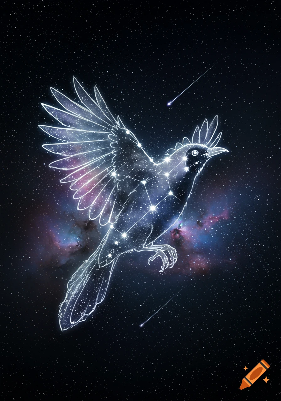 A white outline of a bowerbird constellation made of stars against a dark blue and purple nebula in space, with two shooting stars.