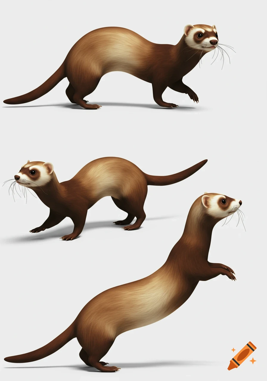 Three brown and cream ferrets in different animated poses on a white background.