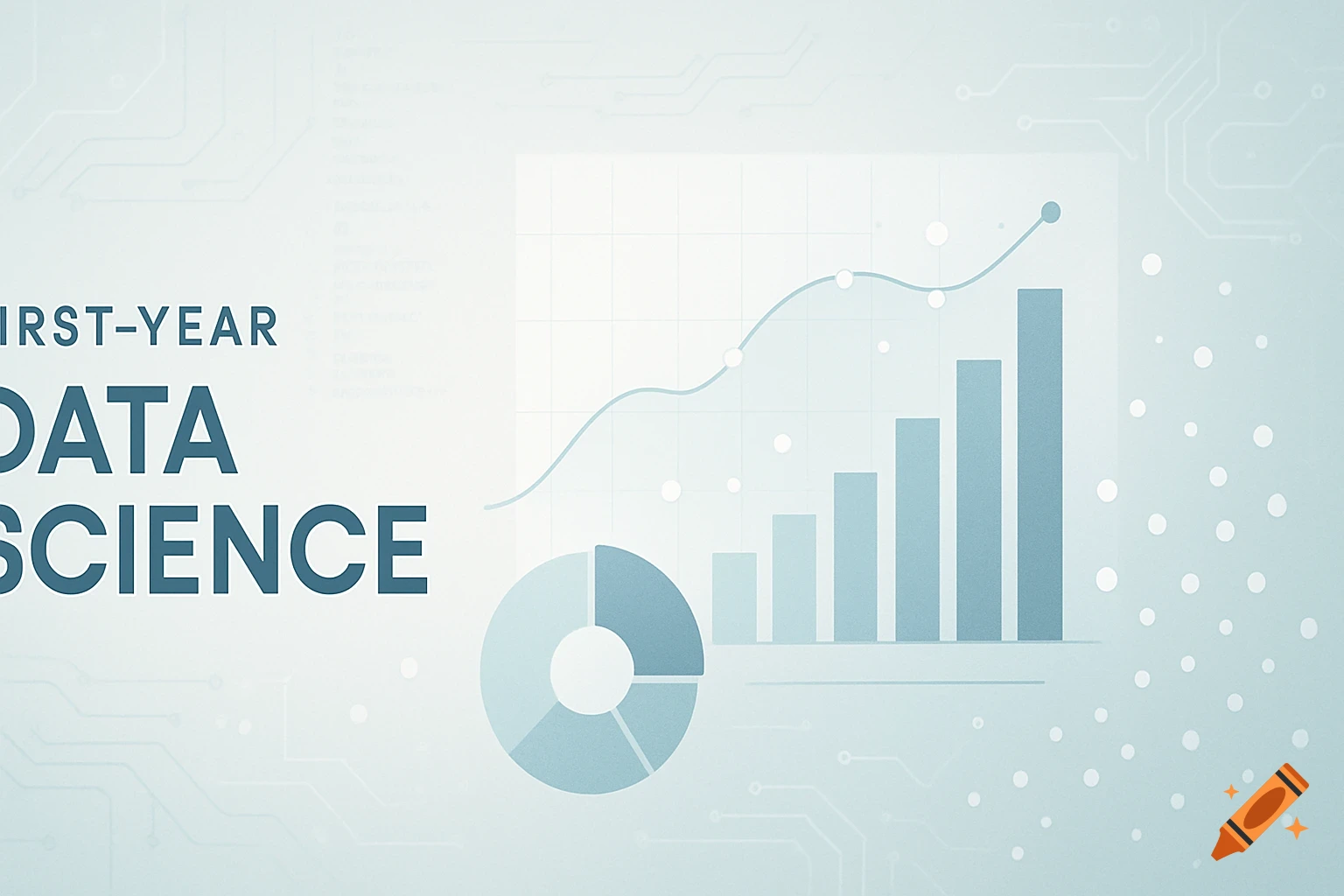 Modern banner with 'FIRST-YEAR DATA SCIENCE' text, blue and white data visualizations including bar, line, and pie charts, and subtle circuit patterns.