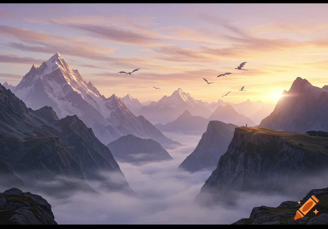 An ethereal mountain landscape at sunrise, with multiple dragons flying in the distance above a misty valley.