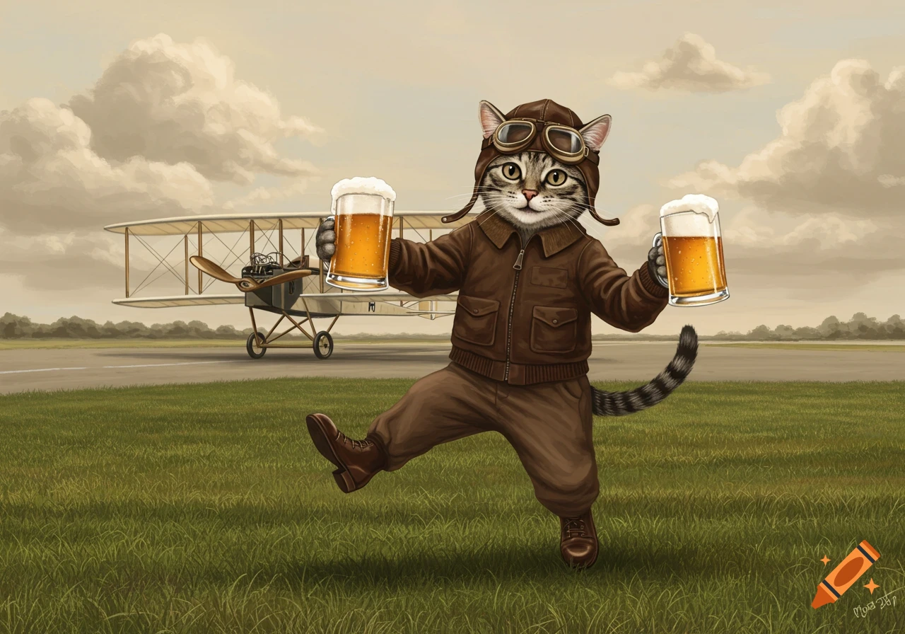 A happy anthropomorphic cat in a vintage aviator outfit dances on an airfield, holding two foamy beers, with a biplane behind it.