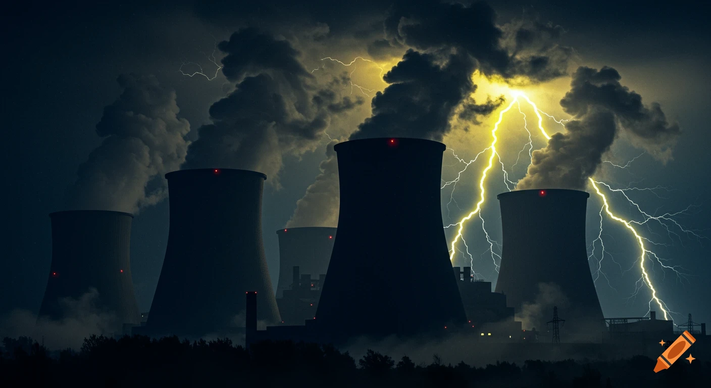 Dark power plant chimneys emit smoke under a stormy night sky with vivid yellow lightning.