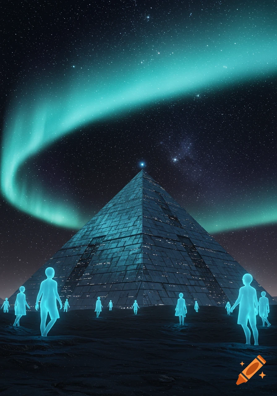 A large, futuristic pyramid under a starry night sky with a vibrant aurora, surrounded by numerous glowing, ethereal human-like figures.