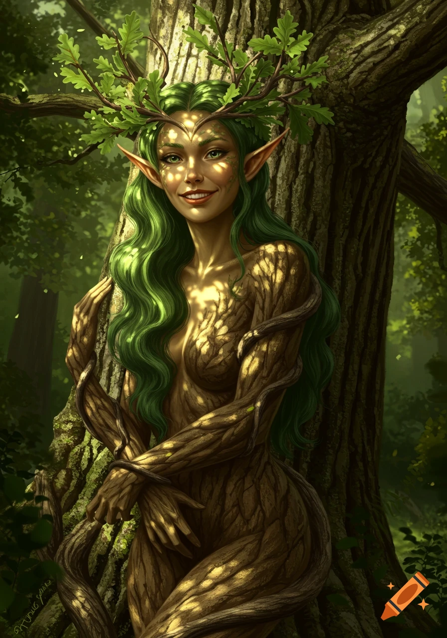A beautiful dryad with green hair, bark-textured skin, and a leafy crown smiles, leaning against a tree in a sunlit forest. Digital art.