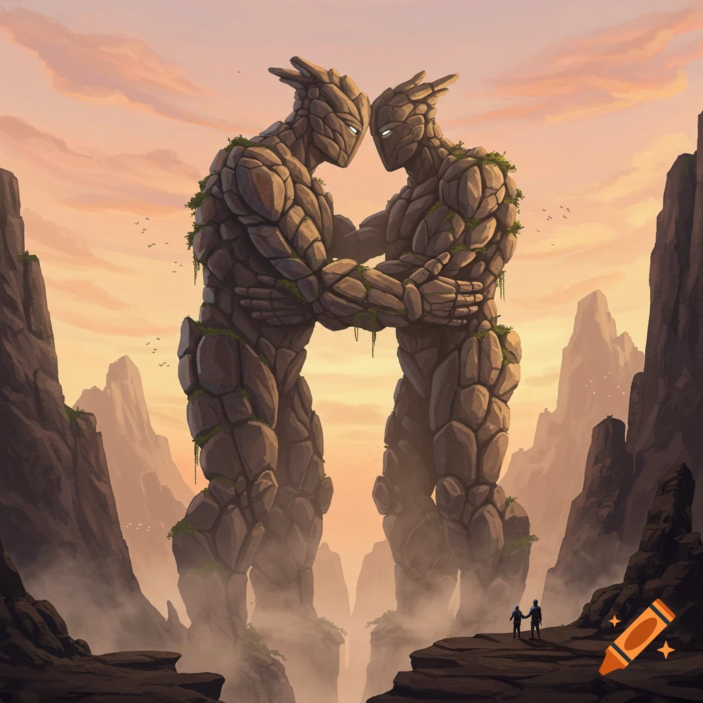 Two towering, anthropomorphic rock monsters resembling birds hug in a mountainous, misty landscape at sunset, watched by two small figures.