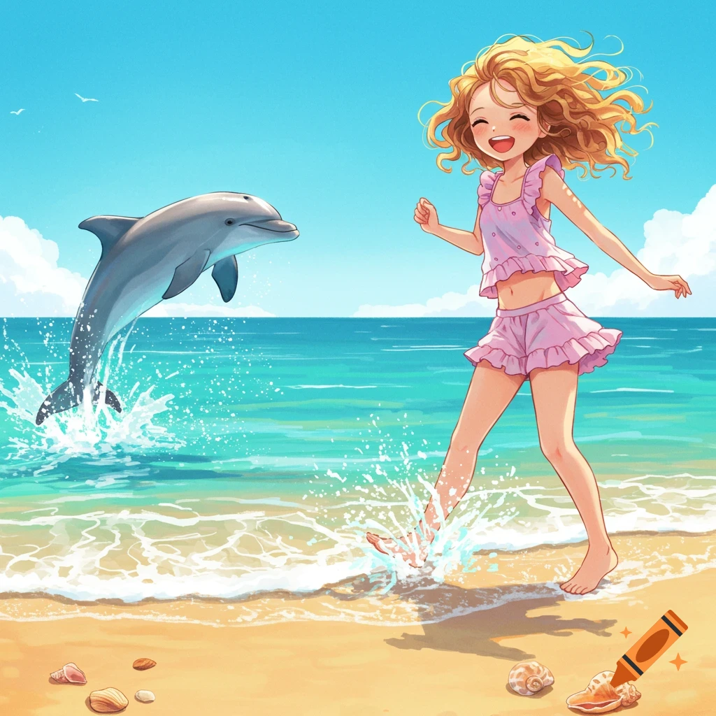 Anime girl in a pink swimsuit splashing in the ocean on a sunny beach, with a dolphin jumping out of the water beside her.