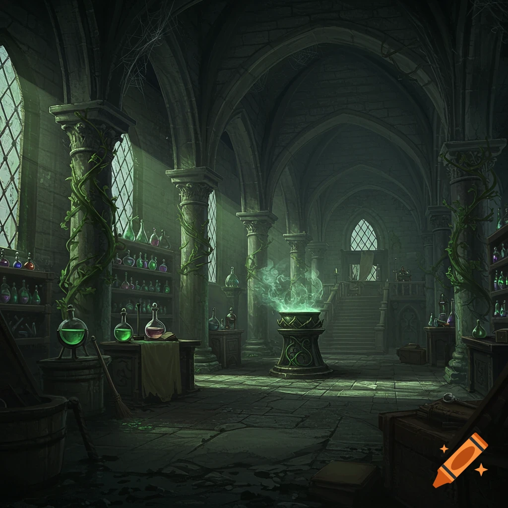 A dark, spooky witch's lair concept art, with arched ceilings, shelves of colorful potions, and a glowing green cauldron.