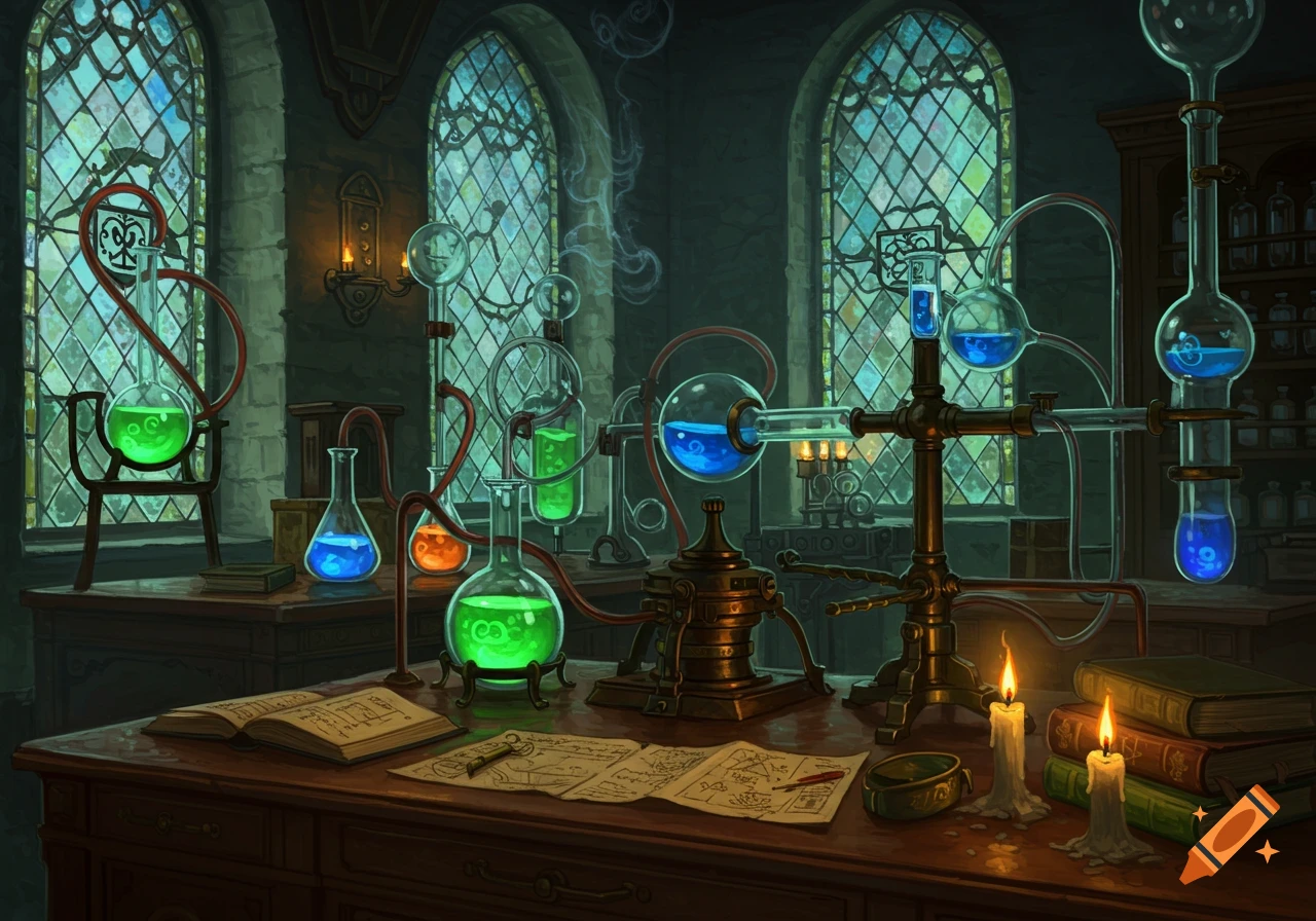 A dimly lit fantasy alchemy laboratory with bubbling green and blue liquids in glass flasks, papers on a wooden desk, and large arched windows.