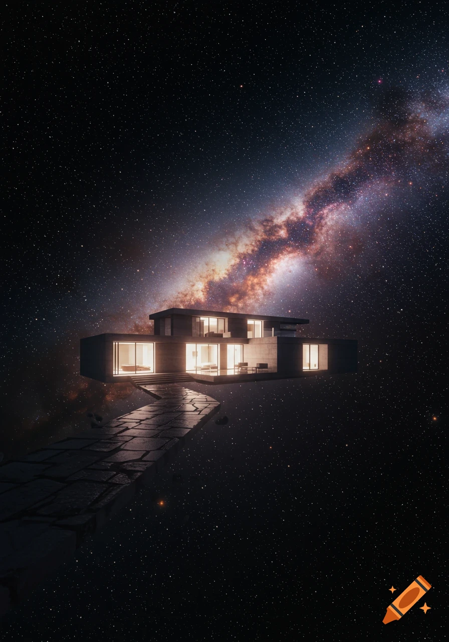A modern concrete house with glowing windows floats in deep space under the vibrant Milky Way, connected by a winding stone path.