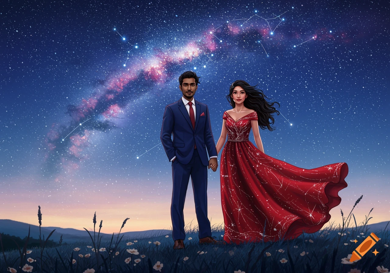 Stylized illustration of a couple, a man in a suit and a woman in a red starry dress, holding hands in a field under a vast Milky Way night sky.
