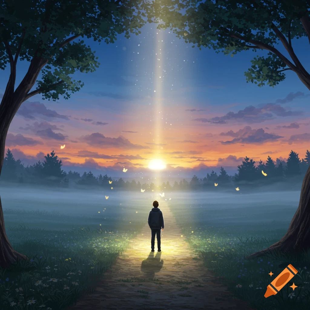A person stands on a glowing path in a mystical forest at sunset, looking towards a column of light from the sky, with glowing butterflies.