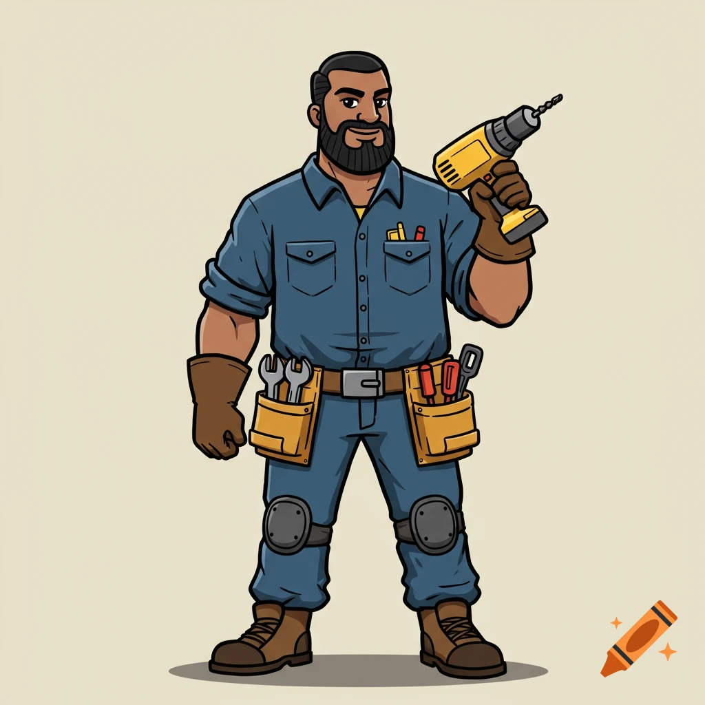 A cartoon handyman with a beard, wearing a blue uniform, tool belt, and knee pads, holding a yellow drill.
