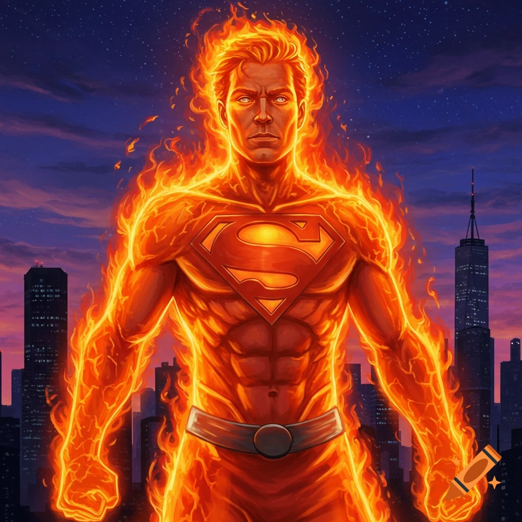 A fiery superhero with a Superman symbol on his chest stands against a city skyline at dusk in a comic book art style.