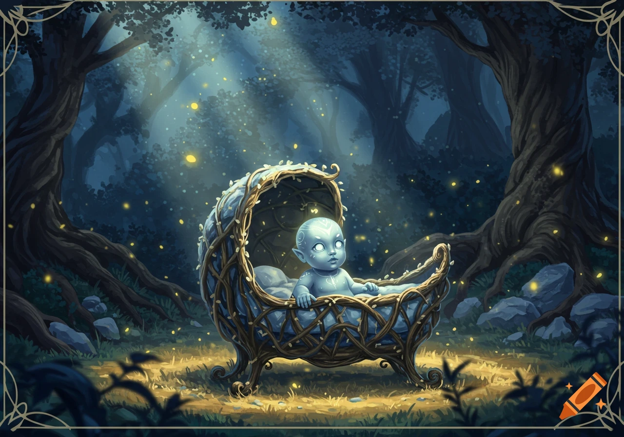A blue-skinned, large-eyed baby-like creature with head markings sits in a vine-covered wooden cradle in a magical, glowing forest.