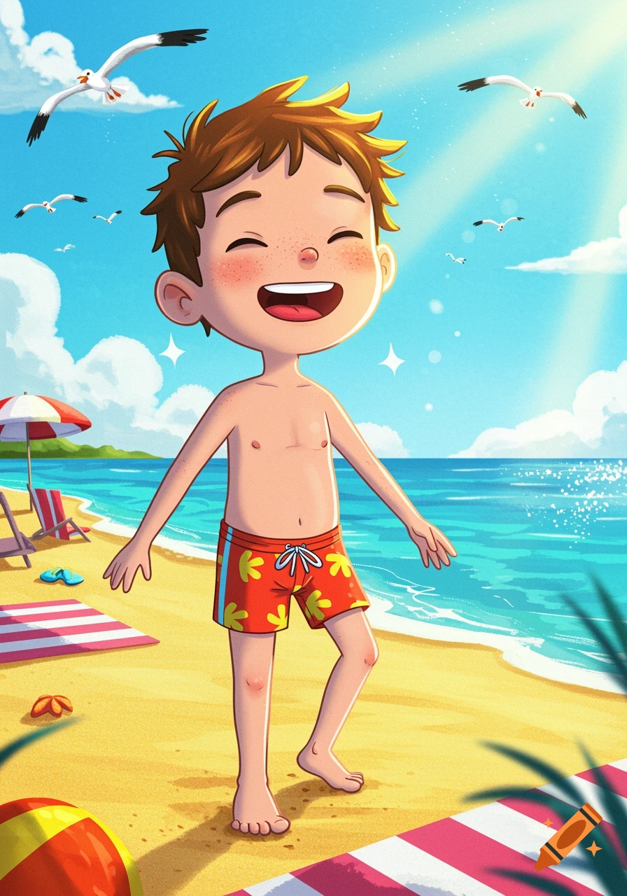 A smiling cartoon boy with freckles enjoys a sunny beach, wearing red swim shorts. Seagulls fly overhead; an umbrella and ocean are in the background.