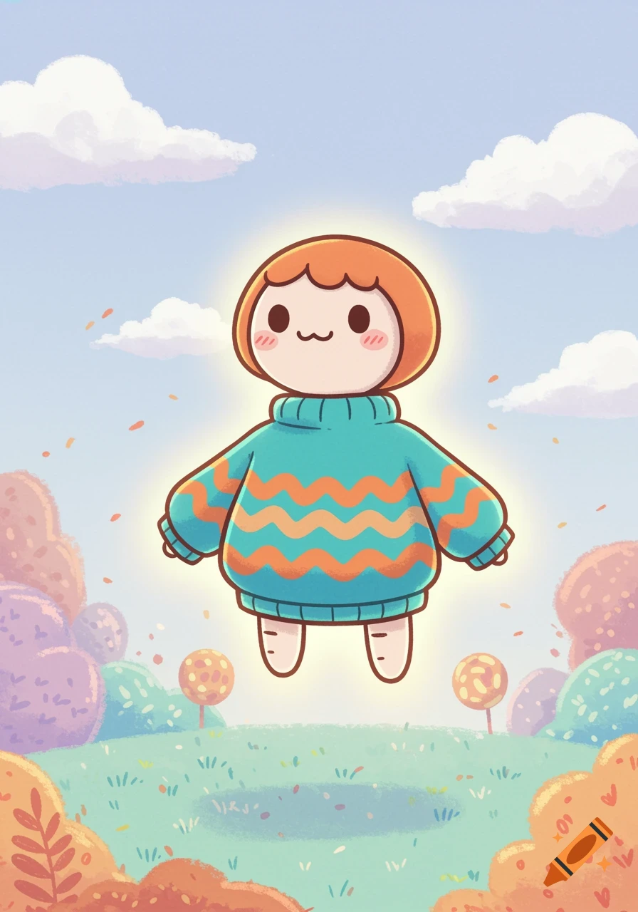 A cute, floating cartoon character with dot eyes and a striped sweater in a whimsical, colorful landscape under a blue sky.