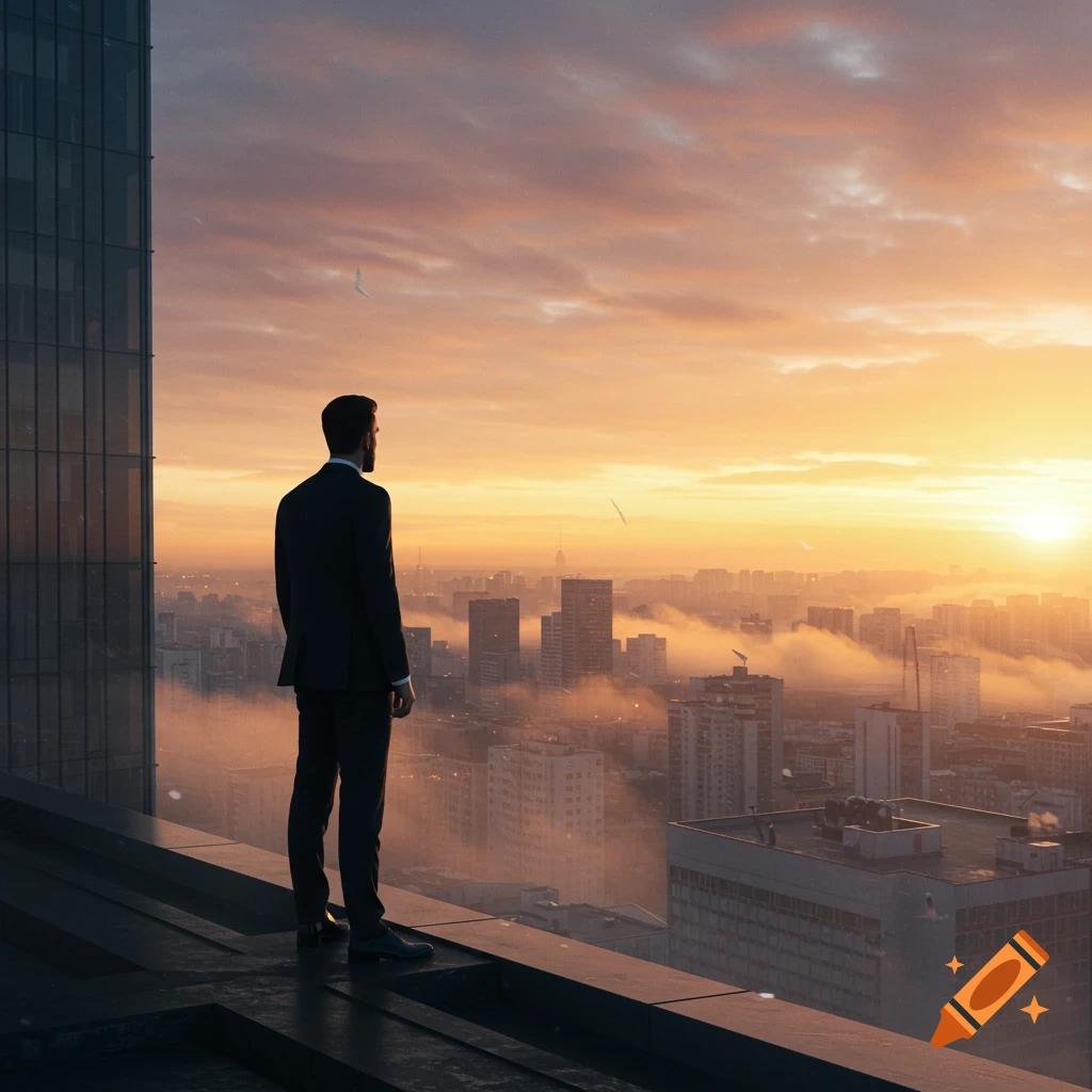 A man in a black suit stands on a skyscraper overlooking a misty city skyline at a golden sunrise, photorealistic.