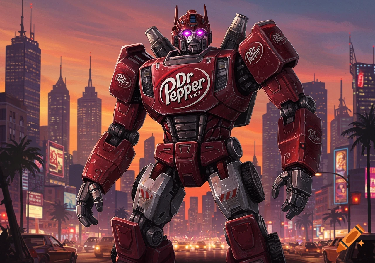 A red Dr. Pepper themed Transformer robot stands in a city street at sunset, with skyscrapers and cars in the background in a detailed illustration style.