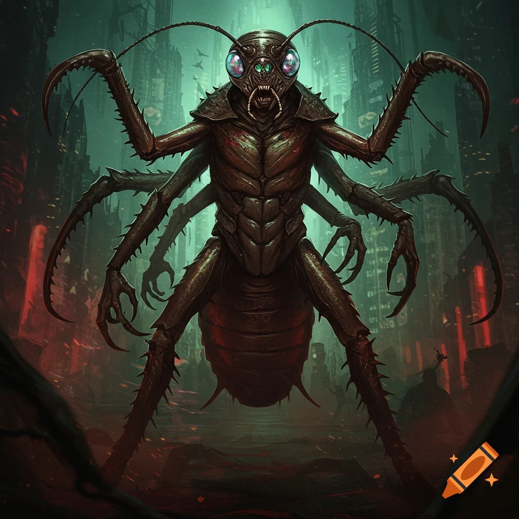 A menacing cockroach-human hybrid monster stands in a dark, dystopian city landscape, detailed digital art.