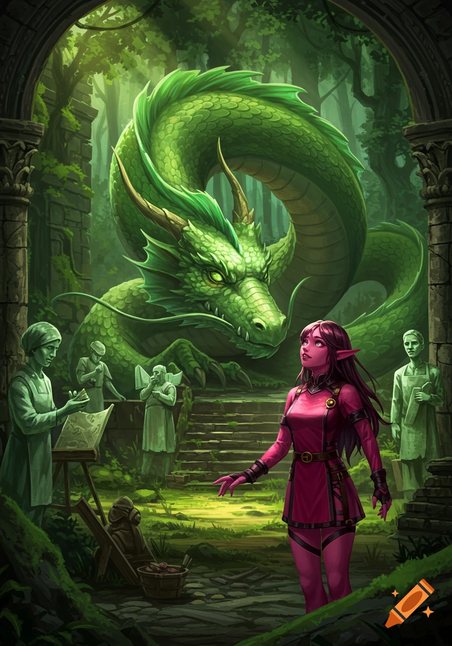 A pink-skinned elf in a ruined castle forest looks up at a large green dragon, surrounded by stylized statues.