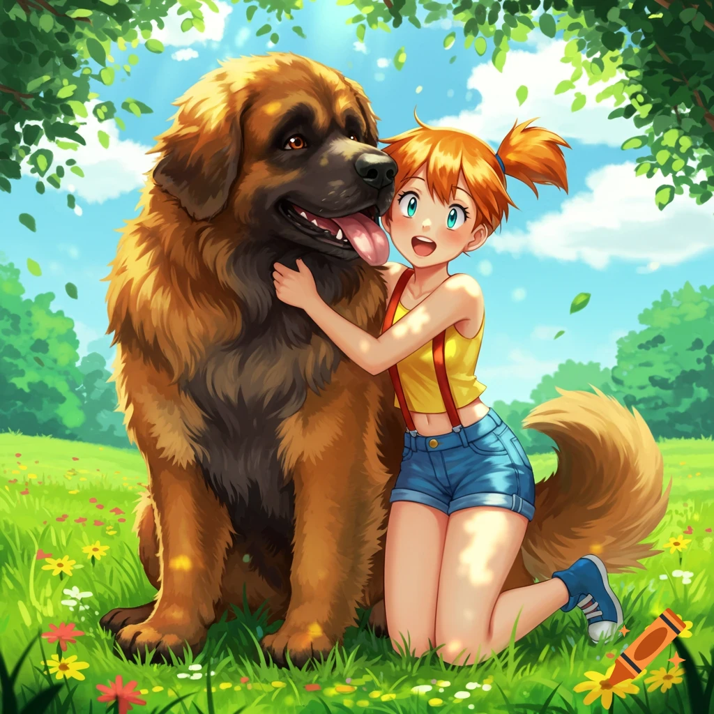 Misty from Pokémon kneels in a flowery field, happily hugging a large, brown Leonberger dog in an anime style.