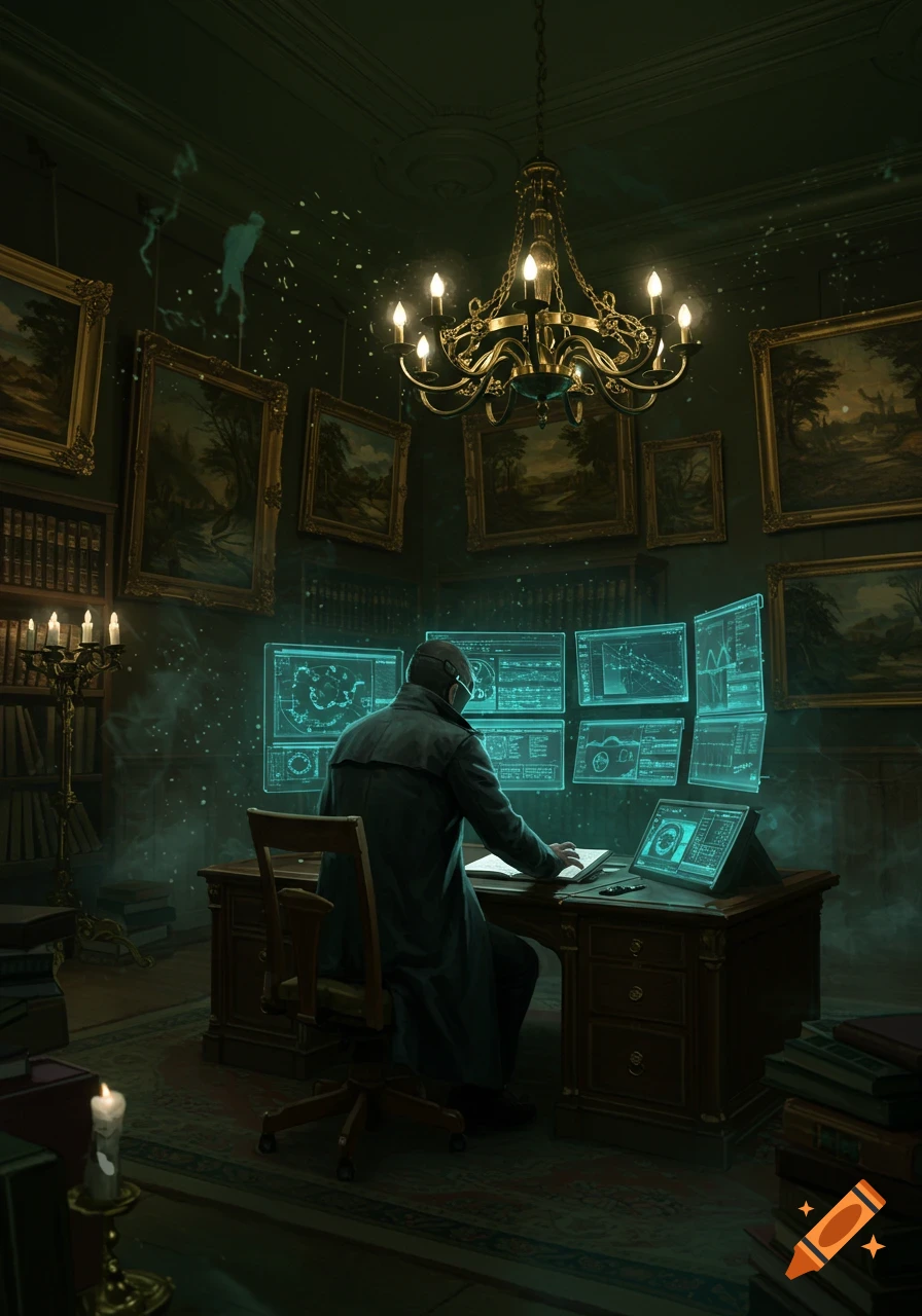 A person in a trench coat sits at a desk in a dark, ornate room with bookshelves, paintings, and a chandelier, surrounded by glowing holographic screens displaying data.