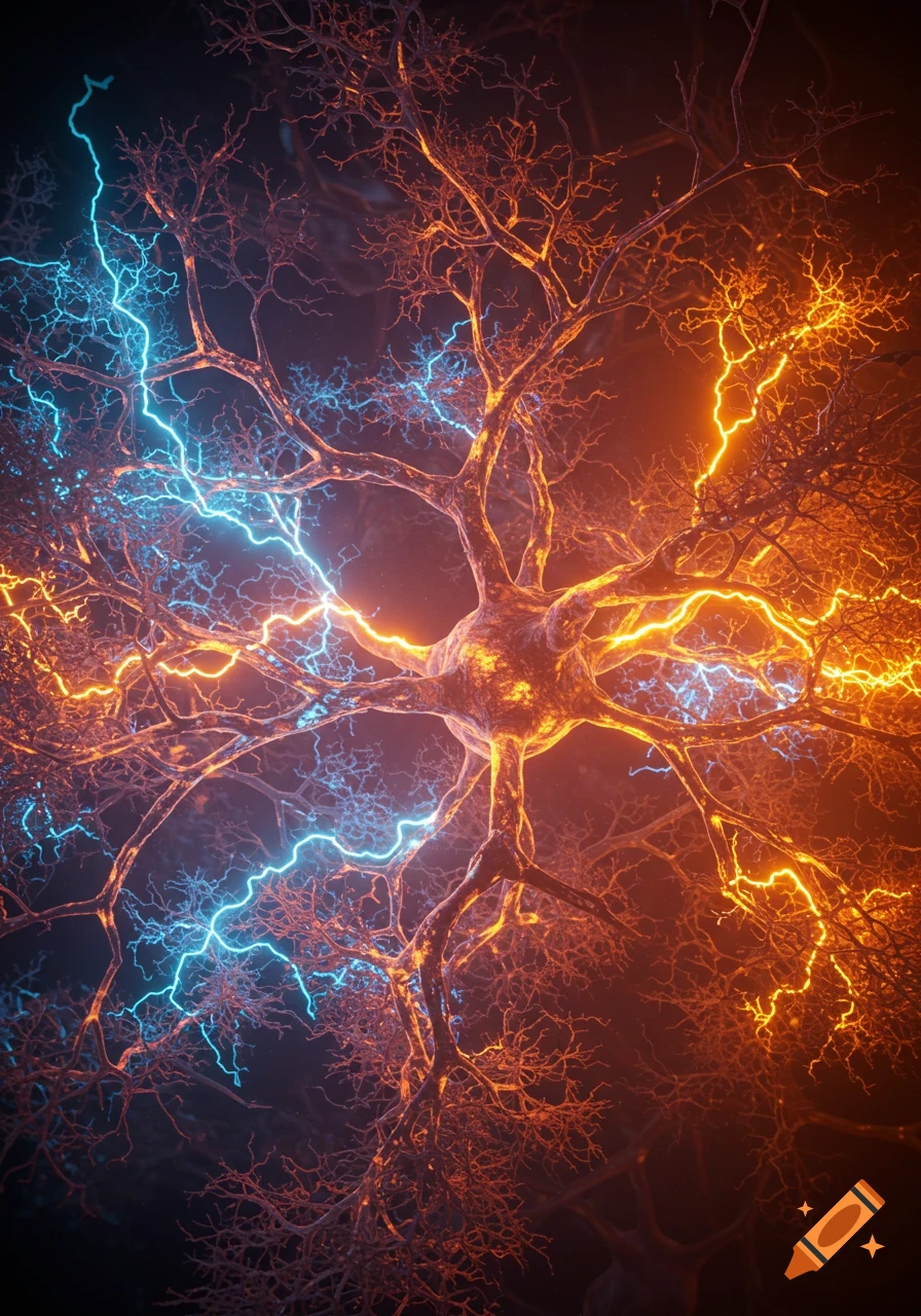 Abstract neural network with central cell and branching structures, lit by glowing blue and orange electrical impulses.