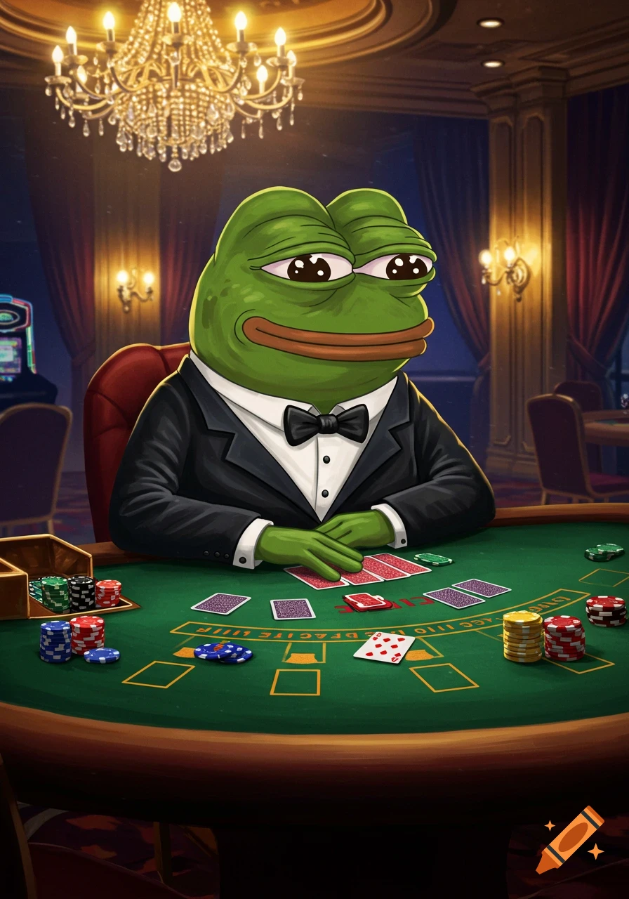 Pepe the Frog in a tuxedo plays blackjack at a dimly lit casino table.